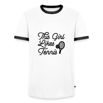 Une fille aime les sports de balle de tennis, les - T-shirt contrasté Homme - blanc/noir - Devant - AI Model Female 172 light (172cm) & AI Model Male 178 dark (178cm)