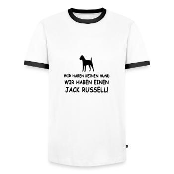 Wir haben keinen Hund - Wir haben einen Jack Russe - Männer Kontrast-T-Shirt - Weiß/Schwarz - Vorne - AI Model Female 172 light (172cm) & AI Model Male 178 dark (178cm)
