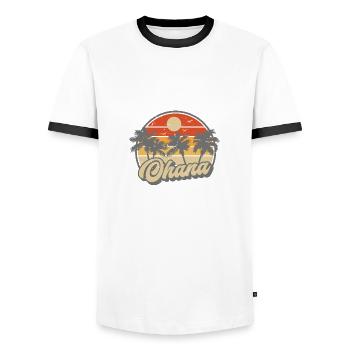 Ohana Hawaii Island Aloha Palms retro - Men's Ringer Shirt - white/black - Front - AI Model Female 172 light (172cm) & AI Model Male 178 dark (178cm)