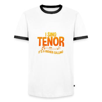 Je chante ténor, c’est une vocation plus haute 2 - T-shirt contrasté Homme - blanc/noir - Devant - AI Model Female 172 light (172cm) & AI Model Male 178 dark (178cm)