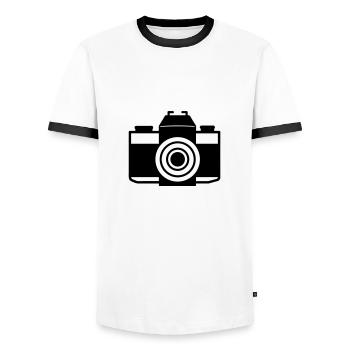 Kamera - Männer Kontrast-T-Shirt - Weiß/Schwarz - Vorne - AI Model Female 172 light (172cm) & AI Model Male 178 dark (178cm)