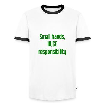 Small Hands, Huge Responsibility Parent Saying - Men's Ringer Shirt - white/black - Front - AI Model Female 172 light (172cm) & AI Model Male 178 dark (178cm)