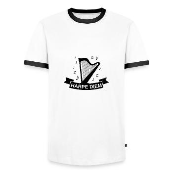 Harp Player Designs for Harp Player Designs - Men's Ringer Shirt - white/black - Front - AI Model Female 172 light (172cm) & AI Model Male 178 dark (178cm)