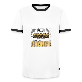 Les numismates n’ont pas peur du changement pour - T-shirt contrasté Homme - blanc/noir - Devant - AI Model Female 172 light (172cm) & AI Model Male 178 dark (178cm)
