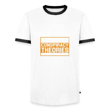 I Need New Conspiracy Theories 4 - Men's Ringer Shirt - white/black - Front - AI Model Female 172 light (172cm) & AI Model Male 178 dark (178cm)