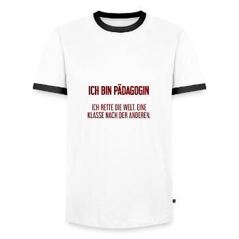 Ich bin Pädagogin - ich rette die Welt - Männer Kontrast-T-Shirt - Weiß/Schwarz - Vorne - AI Model Female 172 light (172cm) & AI Model Male 178 dark (178cm)