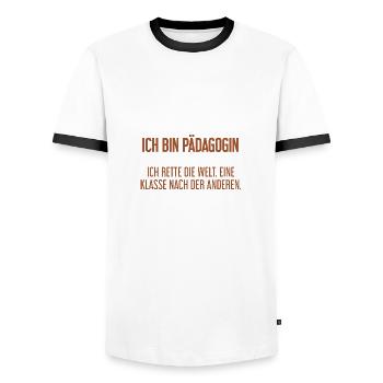 Ich bin Pädagogin - ich rette die Welt - Männer Kontrast-T-Shirt - Weiß/Schwarz - Vorne - AI Model Female 172 light (172cm) & AI Model Male 178 dark (178cm)