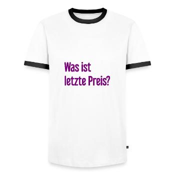 Was ist letzte Preis? - Männer Kontrast-T-Shirt - Weiß/Schwarz - Vorne - AI Model Female 172 light (172cm) & AI Model Male 178 dark (178cm)