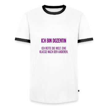 Ich bin Dozentin - ich rette die Welt - Männer Kontrast-T-Shirt - Weiß/Schwarz - Vorne - AI Model Female 172 light (172cm) & AI Model Male 178 dark (178cm)