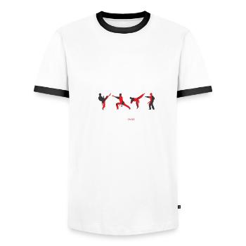 Schwerkraft als Waffe Kampfkunstliebhaber. Geschen - Männer Kontrast-T-Shirt - Weiß/Schwarz - Vorne - AI Model Female 172 light (172cm) & AI Model Male 178 dark (178cm)