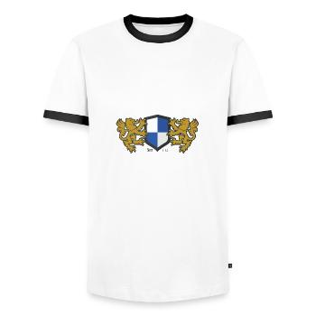 lion crest blue white - Men's Ringer Shirt - white/black - Front - AI Model Female 172 light (172cm) & AI Model Male 178 dark (178cm)