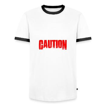 Caution does not play well with others 37 - Men's Ringer Shirt - white/black - Front - AI Model Female 172 light (172cm) & AI Model Male 178 dark (178cm)