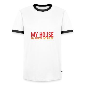 My House My Remote My Rules 3 - Men's Ringer Shirt - white/black - Front - AI Model Female 172 light (172cm) & AI Model Male 178 dark (178cm)