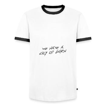 Nous avons une ville à brûler - T-shirt contrasté Homme - blanc/noir - Devant - AI Model Female 172 light (172cm) & AI Model Male 178 dark (178cm)