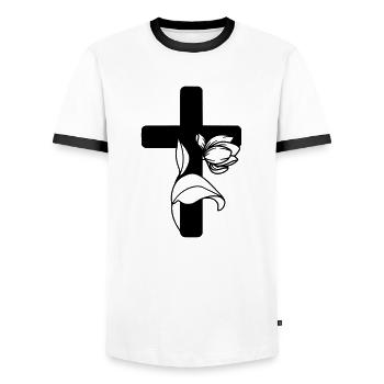 Beautiful cross with a flower - Men's Ringer Shirt - white/black - Front - AI Model Female 172 light (172cm) & AI Model Male 178 dark (178cm)