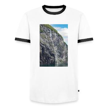 Brudesløret Wasserfall (Brautschleier) Geiranger - Männer Kontrast-T-Shirt - Weiß/Schwarz - Vorne - AI Model Female 172 light (172cm) & AI Model Male 178 dark (178cm)