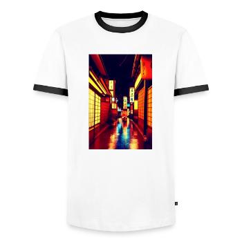 Street 1 - Men's Ringer Shirt - white/black - Front - AI Model Female 172 light (172cm) & AI Model Male 178 dark (178cm)