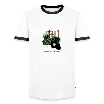 Iran Revolution | Women. Life. Freedom - Männer Kontrast-T-Shirt - Weiß/Schwarz - Vorne - AI Model Female 172 light (172cm) & AI Model Male 178 dark (178cm)