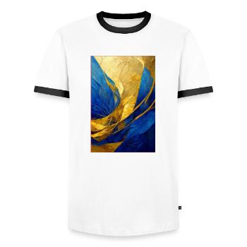 Abstract Painting in Blue and Gold - Männer Kontrast-T-Shirt - Weiß/Schwarz - Vorne - AI Model Female 172 light (172cm) & AI Model Male 178 dark (178cm)