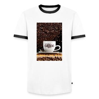 But First, Coffee Drink Poster For The Kitchen - Men's Ringer Shirt - white/black - Front - AI Model Female 172 light (172cm) & AI Model Male 178 dark (178cm)