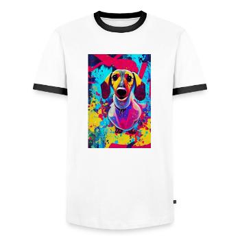Modernes Pop-Art Print | Dackel mit Graffiti Bunt - Männer Kontrast-T-Shirt - Weiß/Schwarz - Vorne - AI Model Female 172 light (172cm) & AI Model Male 178 dark (178cm)