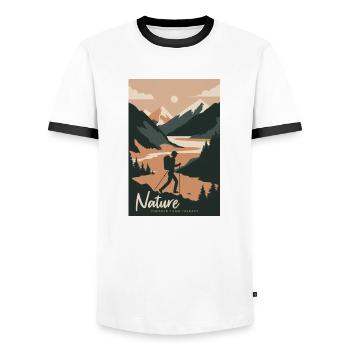 Nature Is Cheaper Than Therapy Mountains Hiking - Men's Ringer Shirt - white/black - Front - AI Model Female 172 light (172cm) & AI Model Male 178 dark (178cm)