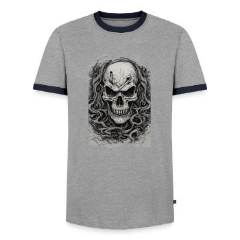 Sinister Roots Unleashed Skull Undead Heavy Metal - Men's Ringer Shirt - grey/navy  - Front - AI Model Female 172 light (172cm) & AI Model Male 178 light (178cm)