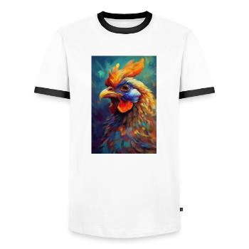 Ein buntes Huhn Portrait 2 - Männer Kontrast-T-Shirt - Weiß/Schwarz - Vorne - AI Model Female 172 light (172cm) & AI Model Male 178 dark (178cm)