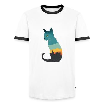 Silhouette einer Katze mit urbanem Flair - Männer Kontrast-T-Shirt - Weiß/Schwarz - Vorne - AI Model Female 172 light (172cm) & AI Model Male 178 dark (178cm)