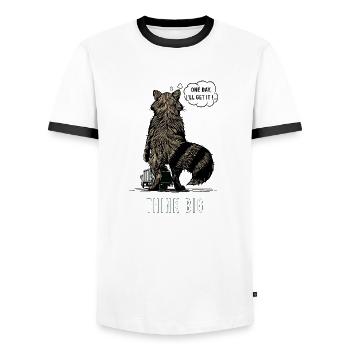 Racon dream, One day i'll get it, Think big - Men's Ringer Shirt - white/black - Front - AI Model Female 172 light (172cm) & AI Model Male 178 dark (178cm)