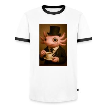 Dapper Axolotl with Coffee - Men's Ringer Shirt - white/black - Front - AI Model Female 172 light (172cm) & AI Model Male 178 dark (178cm)