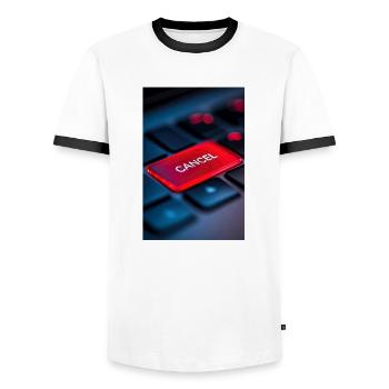 Red Cancel Key Highlight - Men's Ringer Shirt - white/black - Front - AI Model Female 172 light (172cm) & AI Model Male 178 dark (178cm)