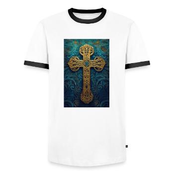 Croix celtique dorée ornée - T-shirt contrasté Homme - blanc/noir - Devant - AI Model Female 172 light (172cm) & AI Model Male 178 dark (178cm)