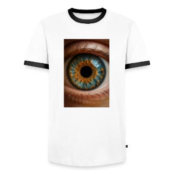 Feurige blaue Iris Nahaufnahme - Männer Kontrast-T-Shirt - Weiß/Schwarz - Vorne - AI Model Female 172 light (172cm) & AI Model Male 178 dark (178cm)