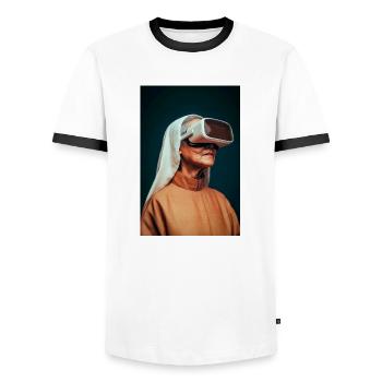 Future Faith in Virtual Reality - Men's Ringer Shirt - white/black - Front - AI Model Female 172 light (172cm) & AI Model Male 178 dark (178cm)