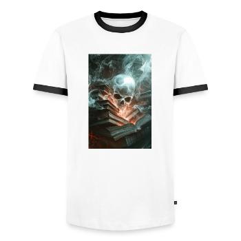 Haunted Knowledge Unleashed - Men's Ringer Shirt - white/black - Front - AI Model Female 172 light (172cm) & AI Model Male 178 dark (178cm)