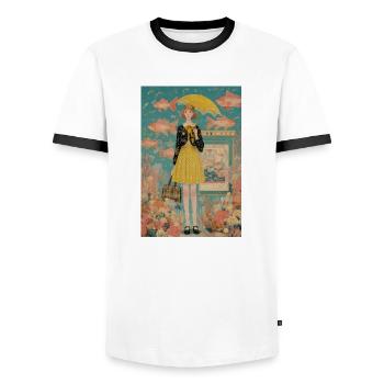 Mädchen im gelben Rock mit Goldfisch - Männer Kontrast-T-Shirt - Weiß/Schwarz - Vorne - AI Model Female 172 light (172cm) & AI Model Male 178 dark (178cm)