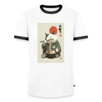 Samurai Cat Slurping Ramen - Men's Ringer Shirt - white/black - Front - AI Model Female 172 light (172cm) & AI Model Male 178 dark (178cm)