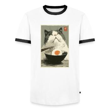 Katze starrt auf Ramen-Schüssel - Männer Kontrast-T-Shirt - Weiß/Schwarz - Vorne - AI Model Female 172 light (172cm) & AI Model Male 178 dark (178cm)