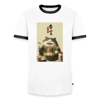 Happy Cat Loves Ramen - Men's Ringer Shirt - white/black - Front - AI Model Female 172 light (172cm) & AI Model Male 178 dark (178cm)