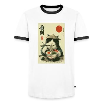 Samurai-Katze genießt Ramen - Männer Kontrast-T-Shirt - Weiß/Schwarz - Vorne - AI Model Female 172 light (172cm) & AI Model Male 178 dark (178cm)