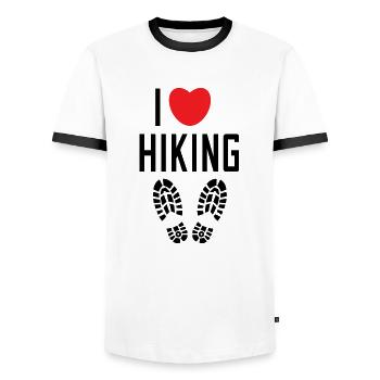 I Love Hiking Nature Experience Statement Heart - Men's Ringer Shirt - white/black - Front - AI Model Female 172 light (172cm) & AI Model Male 178 dark (178cm)