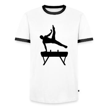 Turner am Seitpferd, Turnen - Männer Kontrast-T-Shirt - Weiß/Schwarz - Vorne - AI Model Female 172 light (172cm) & AI Model Male 178 dark (178cm)