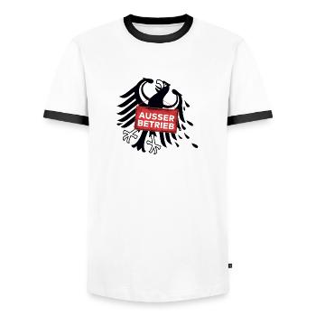 Ausser Betrieb trans - Männer Kontrast-T-Shirt - Weiß/Schwarz - Vorne - AI Model Female 172 light (172cm) & AI Model Male 178 dark (178cm)