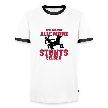 Ich mache alle meine Stunts selber - Männer Kontrast-T-Shirt - Weiß/Schwarz - Vorne - AI Model Female 172 light (172cm) & AI Model Male 178 dark (178cm)