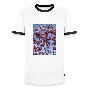 pink magnolia branches in spring - Men's Ringer Shirt - white/black - Front - AI Model Female 172 light (172cm) & AI Model Male 178 dark (178cm)
