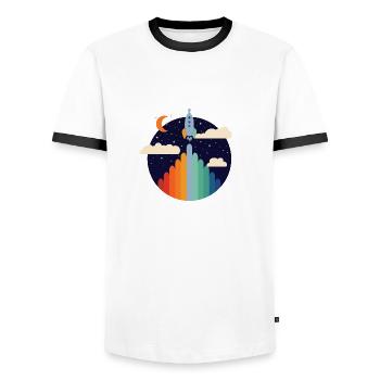 Rocket (Colorful Stripes, Circle) - Men's Ringer Shirt - white/black - Front - AI Model Female 172 light (172cm) & AI Model Male 178 dark (178cm)