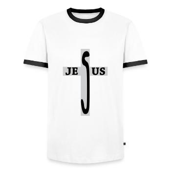 Jesus / Christianity / Catholic - Men's Ringer Shirt - white/black - Front - AI Model Female 172 light (172cm) & AI Model Male 178 dark (178cm)