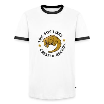 Un garçon aime les geckos huppés et les reptiles - T-shirt contrasté Homme - blanc/noir - Devant - AI Model Female 172 light (172cm) & AI Model Male 178 dark (178cm)