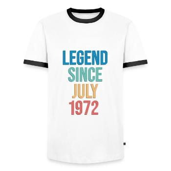 July 1972 - 50th birthday gift. Awesome. - Men's Ringer Shirt - white/black - Front - AI Model Female 172 light (172cm) & AI Model Male 178 dark (178cm)